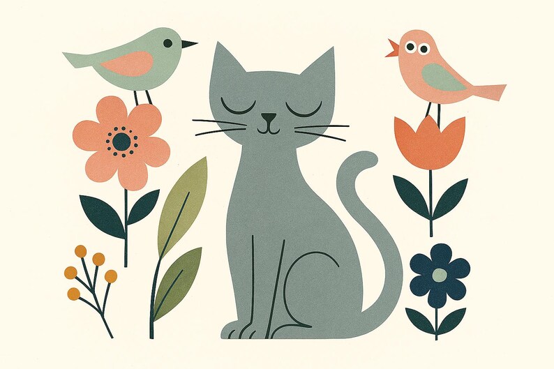 Mid Century Modern Black Cat Print – Retro Floral Scandinavian Art ...