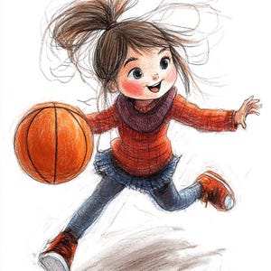 Könnte beinhalten: Illustration einer Person in Bewegung, die einen orangefarbenen Basketball hält. Sie trägt einen roten Pullover, einen blauen Rock, graue Leggings und rote Turnschuhe. Die Person hat braune Haare und lächelt.