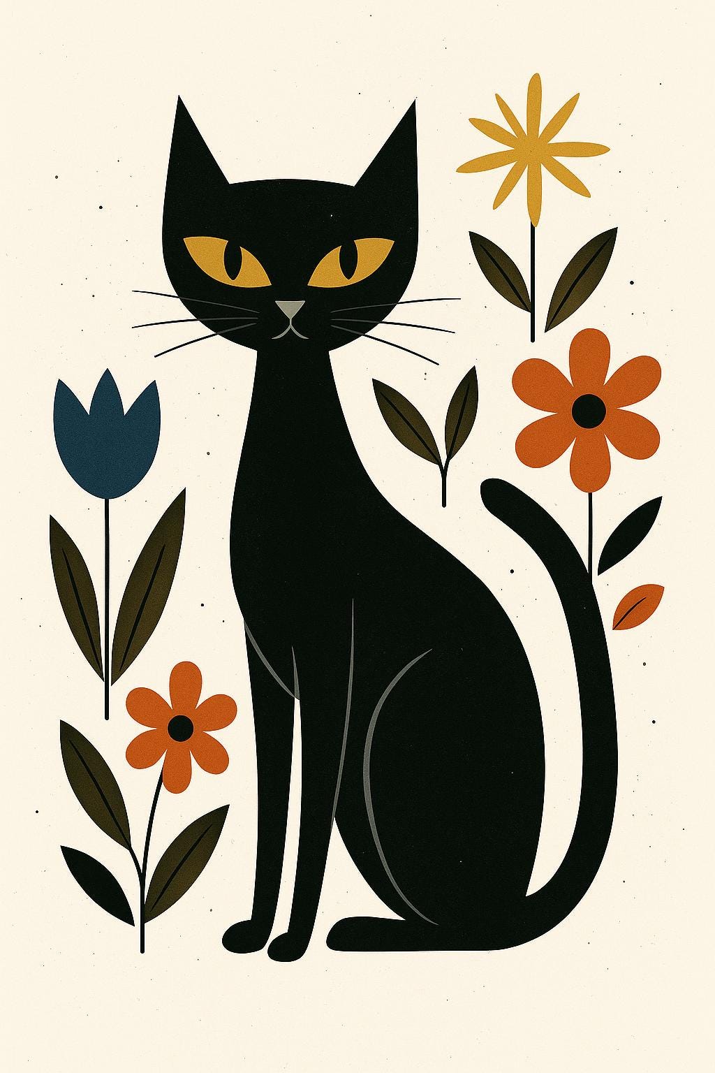 Mid Century Modern Black Cat Print – Retro Floral Scandinavian Art ...