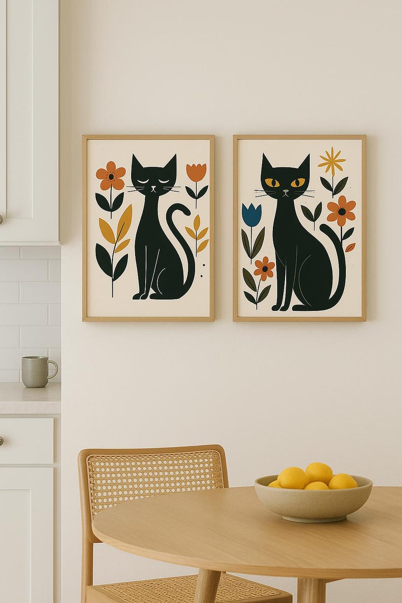 Mid Century Modern Black Cat Print – Retro Floral Scandinavian Art ...