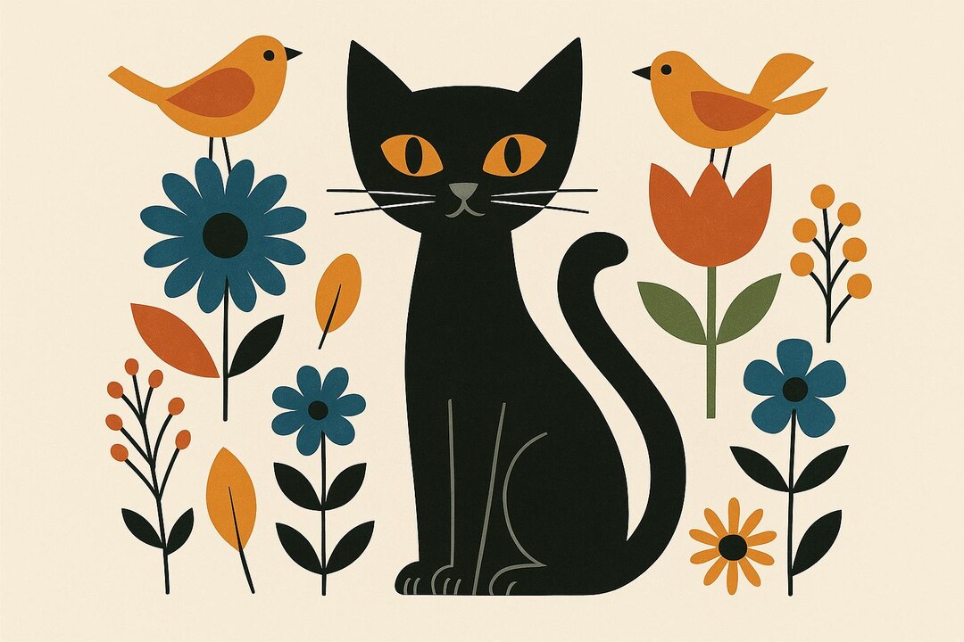 Mid Century Modern Black Cat Print – Retro Floral Scandinavian Art ...