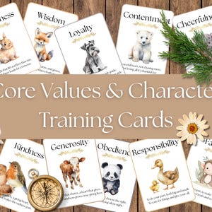 May include: A collection of Core Values & Character Training Cards featuring watercolor illustrations of animals. Each card displays a core value such as helpfulness, wisdom, and kindness. The cards are arranged on a wooden surface with decorative elements.