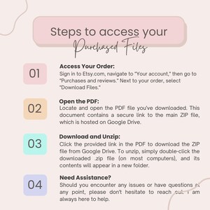 K&ouml;nnte beinhalten: Pastellfarbene Infografik mit dem Titel &bdquo;Schritte zum Zugriff auf Ihre gekauften Dateien&ldquo;. Sie enth&auml;lt Anweisungen zum Herunterladen von Dateien von Etsy, einschlie&szlig;lich des Zugriffs auf Ihre Bestellung, des &Ouml;ffnens einer PDF-Datei, des Herunterladens und Entpackens einer Datei sowie der Suche nach Hilfe.