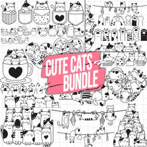 Cute Cat Cartoon Bundle Animals Kawaii With flower,leaves,SVG For Cut file, animal hand drawn,dxf,png,eps, for cricut Silhouette,Cameo