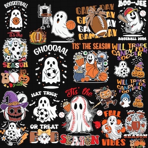 Puede incluir: Una colección de gráficos con temática de Halloween sobre un fondo negro. Los diseños presentan fantasmas jugando varios deportes como baloncesto, fútbol y béisbol, junto con calabazas y texto como "Boo-Jee" y "Fall Vibes."