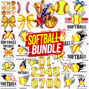 Puede incluir: Una colección de gráficos con temática de softbol, que incluyen pelotas amarillas, bates, guantes, lazos y números. El texto "SOFTBALL BUNDLE" se muestra en rojo y amarillo. El texto adicional incluye "EST." y los números 0-9.
