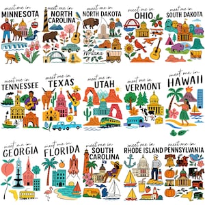 K&ouml;nnte beinhalten: Eine farbenfrohe Illustration mit verschiedenen US-Bundesstaaten, jeweils mit einzigartigen Symbolen und dem Satz "meet me in" dar&uuml;ber. Zu den Staaten geh&ouml;ren Minnesota, North Carolina, North Dakota, Ohio, South Dakota, Tennessee, Texas, Utah, Vermont, Hawaii, Georgia, Florida, South Carolina, Rhode Island und Pennsylvania.