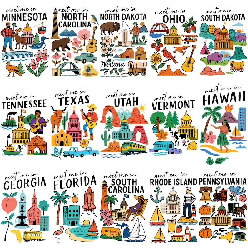 K&ouml;nnte beinhalten: Eine farbenfrohe Illustration mit verschiedenen US-Bundesstaaten, jeweils mit einzigartigen Symbolen und dem Satz "meet me in" dar&uuml;ber. Zu den Staaten geh&ouml;ren Minnesota, North Carolina, North Dakota, Ohio, South Dakota, Tennessee, Texas, Utah, Vermont, Hawaii, Georgia, Florida, South Carolina, Rhode Island und Pennsylvania.