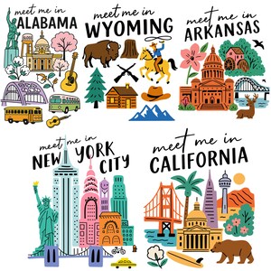 K&ouml;nnte beinhalten: Bunte Illustration mit Wahrzeichen und Text f&uuml;r Alabama, Wyoming, Arkansas, New York City und Kalifornien. Jedes Staatsdesign enth&auml;lt ikonische Bilder wie die Freiheitsstatue und die Golden Gate Bridge.