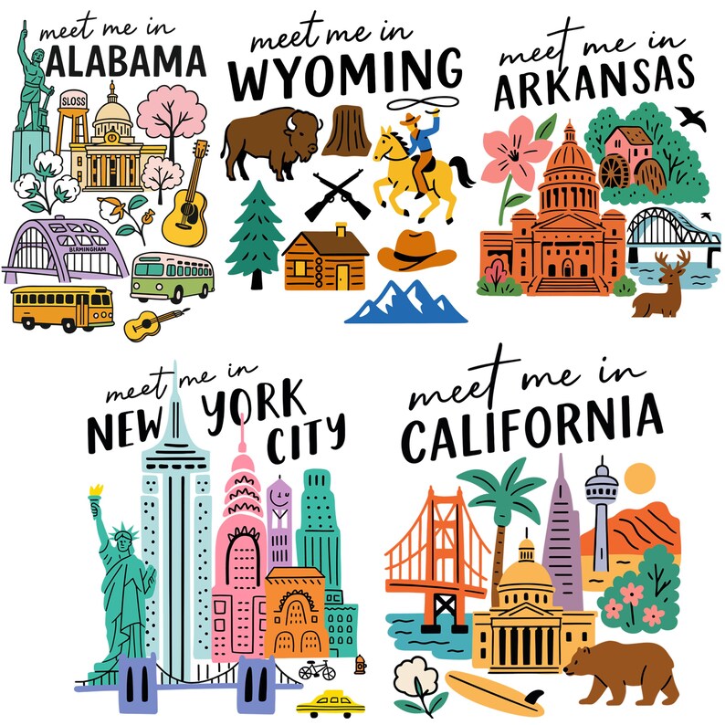 K&ouml;nnte beinhalten: Bunte Illustration mit Wahrzeichen und Text f&uuml;r Alabama, Wyoming, Arkansas, New York City und Kalifornien. Jedes Staatsdesign enth&auml;lt ikonische Bilder wie die Freiheitsstatue und die Golden Gate Bridge.