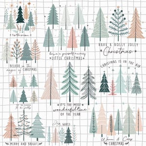 Könnte beinhalten: Eine Illustration mit verschiedenen Weihnachtsbäumen in Grün-, Rosa- und Weißtönen auf einem karierten Hintergrund. Der Text enthält festliche Sätze wie "Frohe Weihnachten" und "Es ist die schönste Zeit des Jahres".