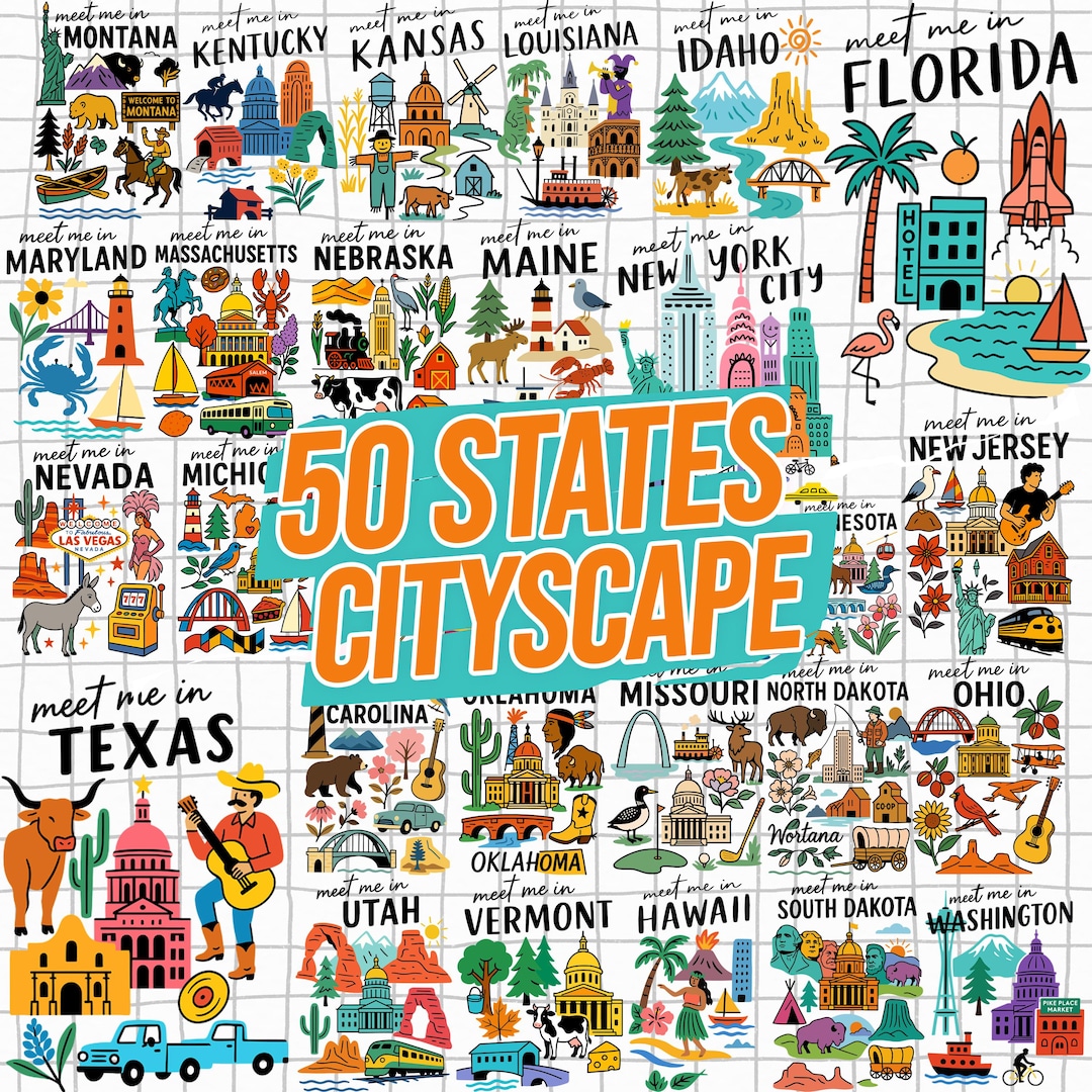 Meet Me in | 50 US States Cityscape Icons SVG Bundle, Retro State