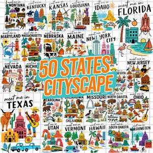Meet Me in | 50 US States Cityscape Icons SVG Bundle, Retro State Landmark Tshirt Designs, American States Clipart, American Shirt SVG