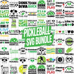 May include: A collection of green and black pickleball-themed SVG designs. The designs include text such as "Pickleball SVG Bundle", "Eat Sleep Play", and "Just Dink It". There are also images of pickleball paddles and balls.
