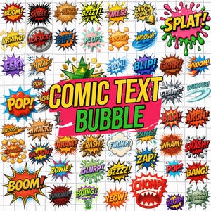 May include: A collection of colorful comic text bubbles with various sound effects like "BOOM!", "ZAP!", and "SPLAT!". The central graphic reads "COMIC TEXT BUBBLE". The background is a grid.