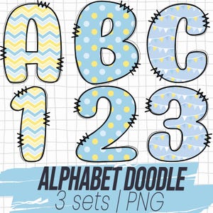 Yellow Blue Alphabet Doodle Letters Alphabet Clipart Number Font Png Bundle Sublimation Boy Girl Birthday Party Design Digital File Template
