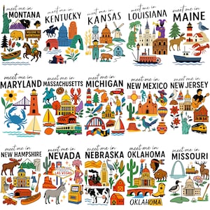 K&ouml;nnte beinhalten: Eine farbenfrohe Illustration mit verschiedenen Staatssymbolen und Wahrzeichen. Der Text "meet me in" erscheint &uuml;ber dem Namen jedes Staates, darunter Montana, Kentucky, Kansas, Louisiana, Maine, Maryland, Massachusetts, Michigan, New Mexico, New Jersey, New Hampshire, Nevada, Nebraska, Oklahoma und Missouri.