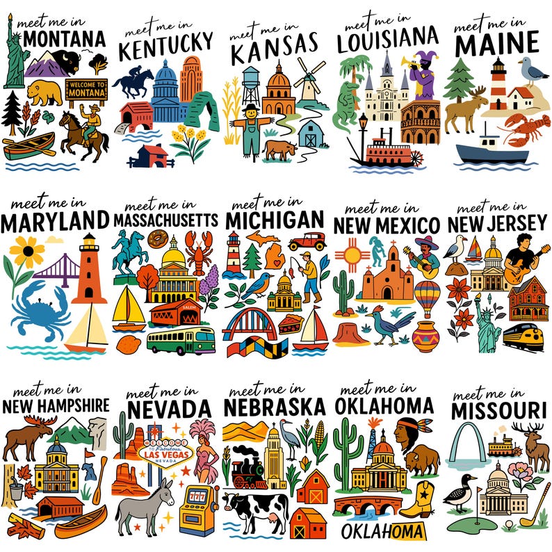K&ouml;nnte beinhalten: Eine farbenfrohe Illustration mit verschiedenen Staatssymbolen und Wahrzeichen. Der Text "meet me in" erscheint &uuml;ber dem Namen jedes Staates, darunter Montana, Kentucky, Kansas, Louisiana, Maine, Maryland, Massachusetts, Michigan, New Mexico, New Jersey, New Hampshire, Nevada, Nebraska, Oklahoma und Missouri.