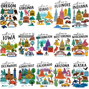 K&ouml;nnte beinhalten: Eine farbenfrohe Illustration mit verschiedenen US-Bundesstaaten, jeweils mit einzigartigen Symbolen und dem Satz "meet me in" &uuml;ber dem Staatsnamen. Enth&auml;lt Wahrzeichen, Tiere und lokale Bilder, ideal f&uuml;r Reisende.