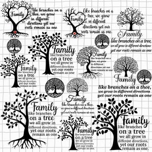 Puede incluir: Una colección de diseños de árboles en blanco y negro con la palabra "Familia" y la frase "como ramas en un árbol, crecemos en diferentes direcciones, pero nuestras raíces permanecen unidas". Los árboles varían.