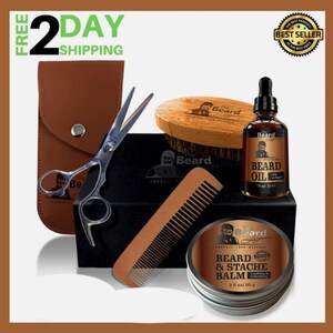 May include: A beard grooming kit featuring a brown leather case, scissors, a wooden brush, a comb, beard oil, and beard and mustache balm. The kit includes a black box with the brand logo and a "Best Seller" seal.