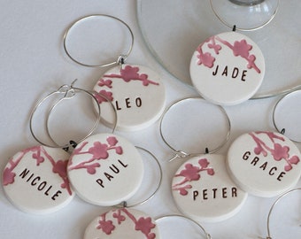 ceramic: CHERRY BLOSSOM personalized Wine Charms for Wedding Favors and Events - Bachelorette Party, Napa, Sonoma