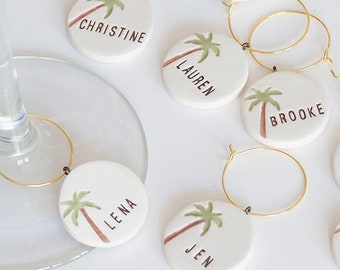 ceramic: PALM TREE personalized Wine Glass Charms - wedding, anniversary, Napa, bachelorette party