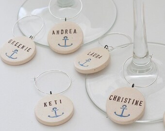 ceramic: NAUTICAL personalized Wine Glass Charms - wedding, anniversary, Napa, bachelorette party