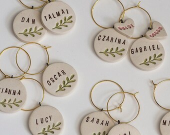 ceramic: LEAFY BRANCH personalized Wine Glass Charms - wedding, anniversary, Napa, bachelorette