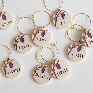 ceramic: GRAPEVINE personalized Ceramic Wine Glass Charms - Napa Vineyard Wedding, Bachelorette, Rehearsal Dinner, Anniversary Party