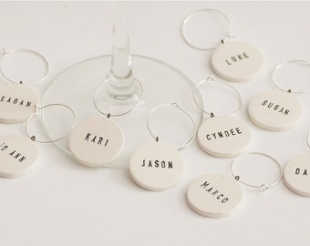 ceramic: SIMPLE Wine Glass Charms / clay stamped / personalized in your own words / bachelorette, wedding, event planning, girls night out