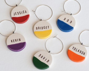 ceramic: PRIMARY COLORS personalized Wine Glass Charms - Vineyard Wedding, colorful wine party -the Color Wheel