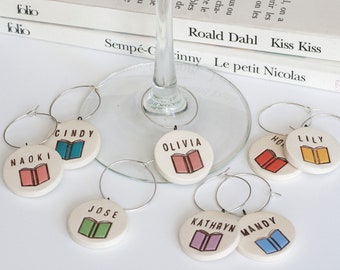 ceramic: BOOK CLUB personalized Wine Glass Charms - friendship, librarian, literature, bookworm