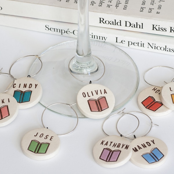 ceramic: BOOK CLUB personalized Wine Glass Charms - friendship, librarian, literature, bookworm