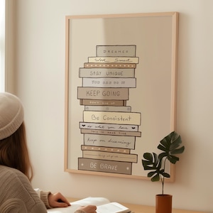 Könnte beinhalten: Ein gerahmter Druck mit einem Stapel stilisierter Bücher mit inspirierenden Zitaten in schwarzem Text. Die Zitate lauten: „Dreamer“, „Work Smart“, „Stay Unique“, „Keep Going“, „Be Consistent“ und „Be Brave“. Eine kleine Topfpflanze steht auf einem Holztisch.