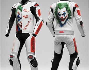 Joker Racing läderställ | Motorcykelställ med "Varför så seriös"-design | Röda och vita helställ