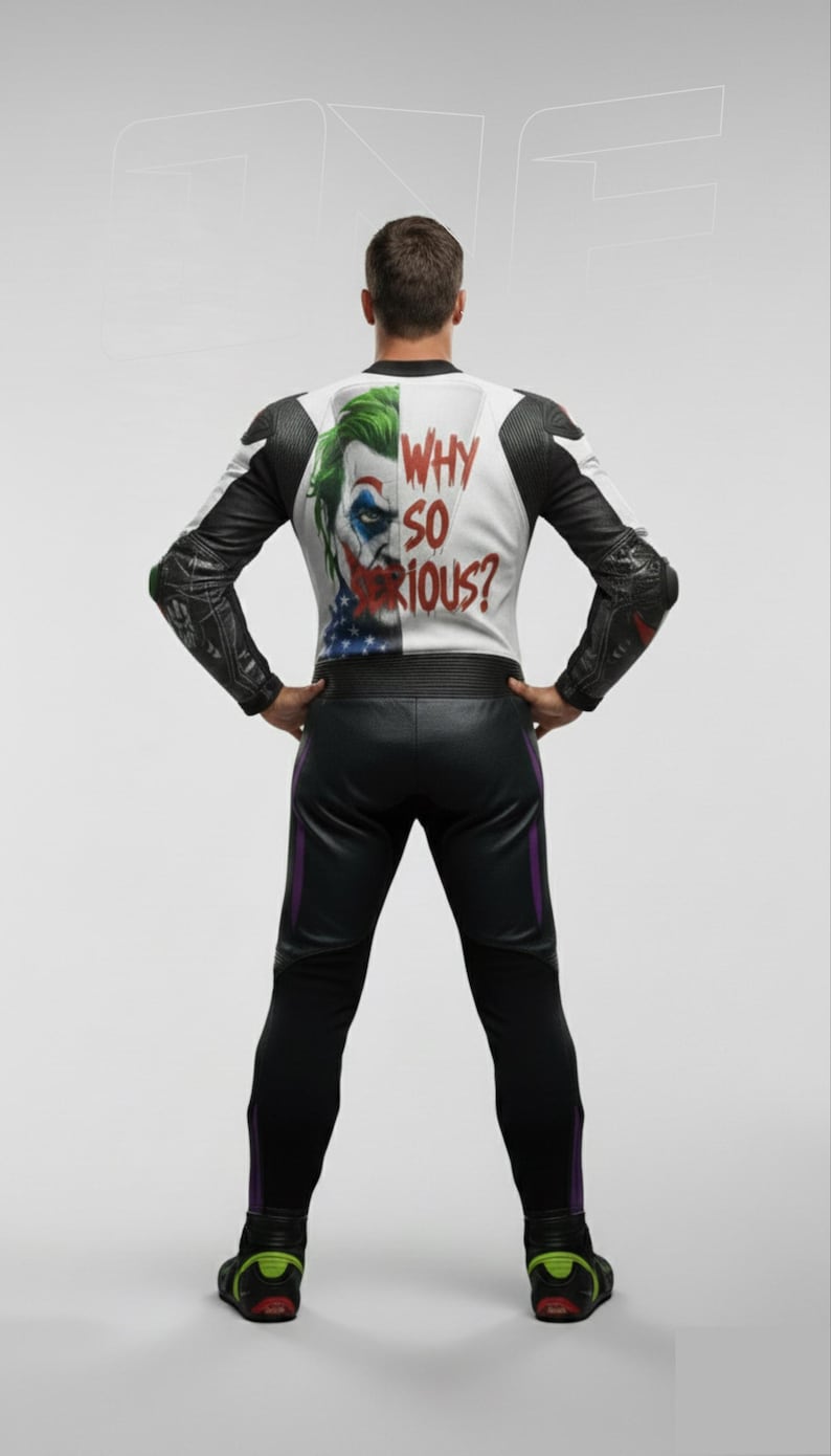 Motorcykelracingläderställ | Joker Design motorcykelställ | Röda och vita helställ bild 5