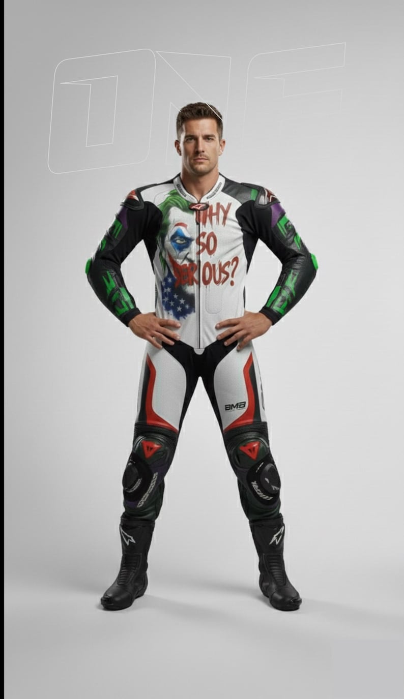 Motorcykelracingläderställ | Joker Design motorcykelställ | Röda och vita helställ bild 1