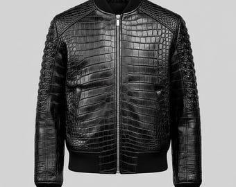 Chaqueta estilo bomber de cocodrilo para hombre / Abrigo de piel de cocodrilo marrón oscuro y negro
