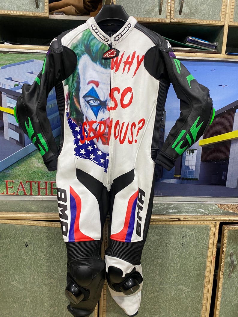 Motorcykelracingläderställ | Joker Design motorcykelställ | Röda och vita helställ bild 12