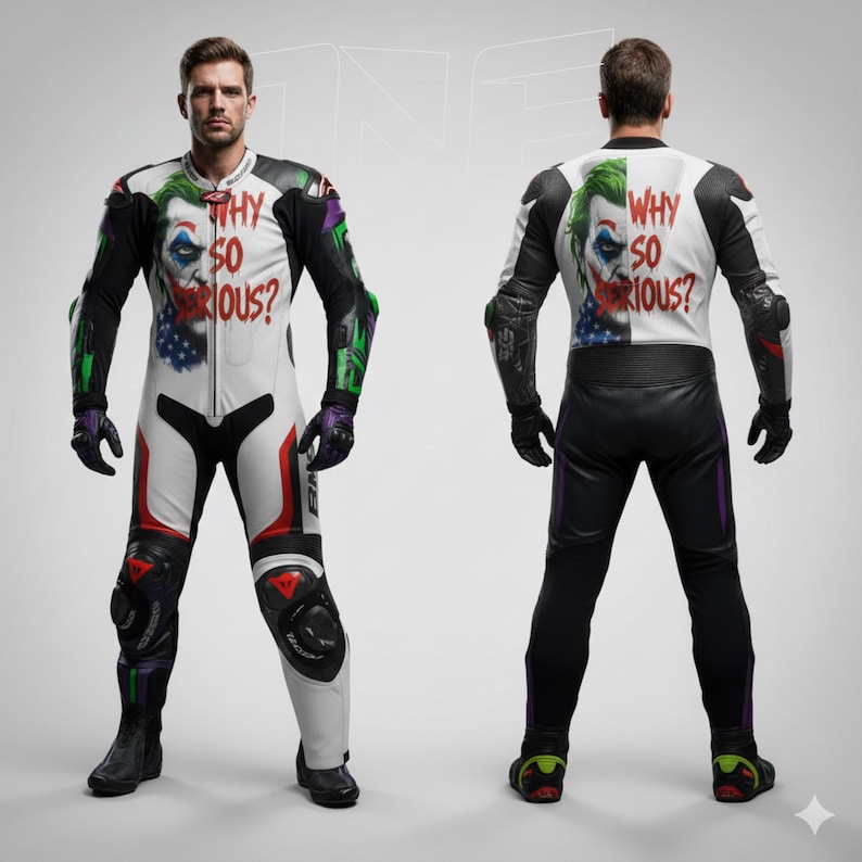 Motorcykelracingläderställ | Joker Design motorcykelställ | Röda och vita helställ bild 15