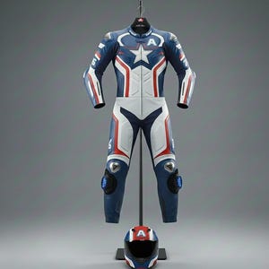 May include: A blue, white, and red motorcycle racing suit and helmet set. The suit features a star design on the chest and the letter "A". The helmet is red, white, and blue with the letter "A" on the front.