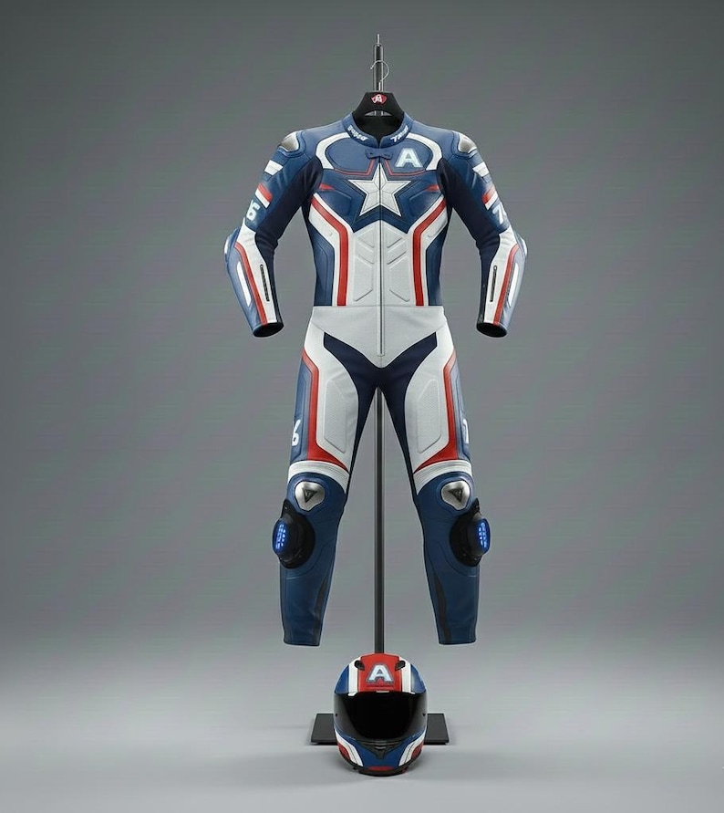 May include: A blue, white, and red motorcycle racing suit and helmet set. The suit features a star design on the chest and the letter "A". The helmet is red, white, and blue with the letter "A" on the front.