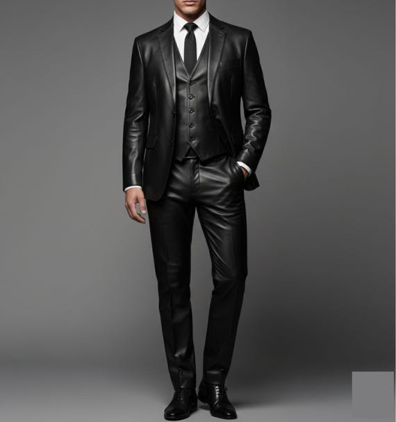 Luxury Leather Wedding Suit Set for Men -Leather Groom Outfit with Coat, Vest, Tie, Pants & Boots