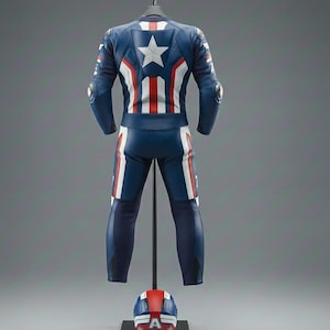 May include: A blue, white, and red motorcycle racing suit and helmet set. The suit features a white star on the back and red and white stripes. The helmet has a red top and the letter "A" on the front.