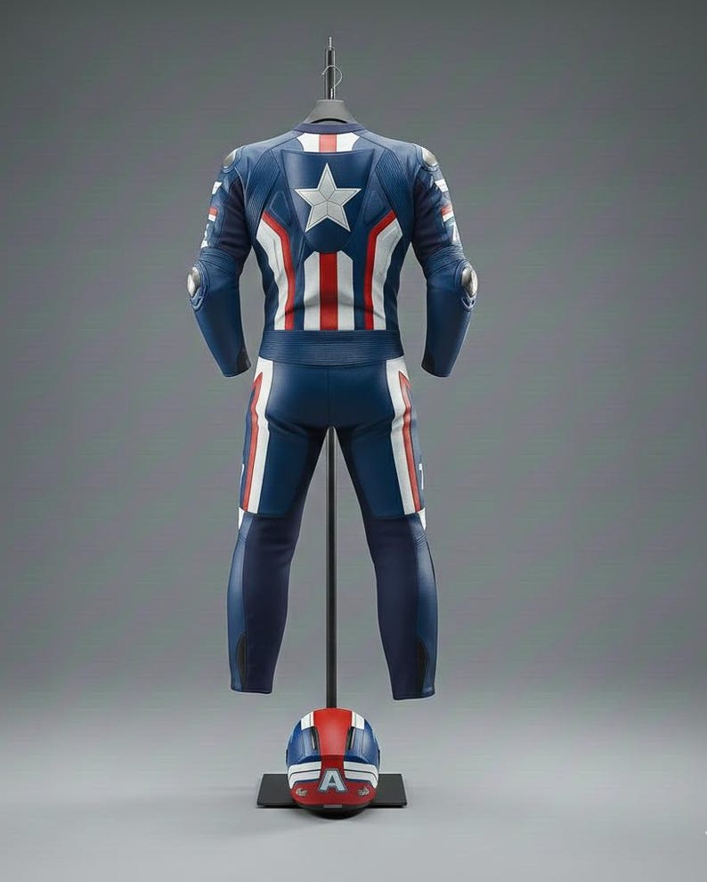 May include: A blue, white, and red motorcycle racing suit and helmet set. The suit features a white star on the back and red and white stripes. The helmet has a red top and the letter "A" on the front.