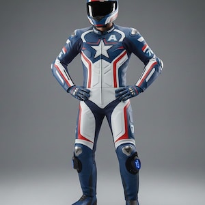 May include: A blue, white, and red motorcycle racing suit with a matching helmet. The suit features a star design on the chest and accents on the arms and legs. The helmet has a red and white stripe design.