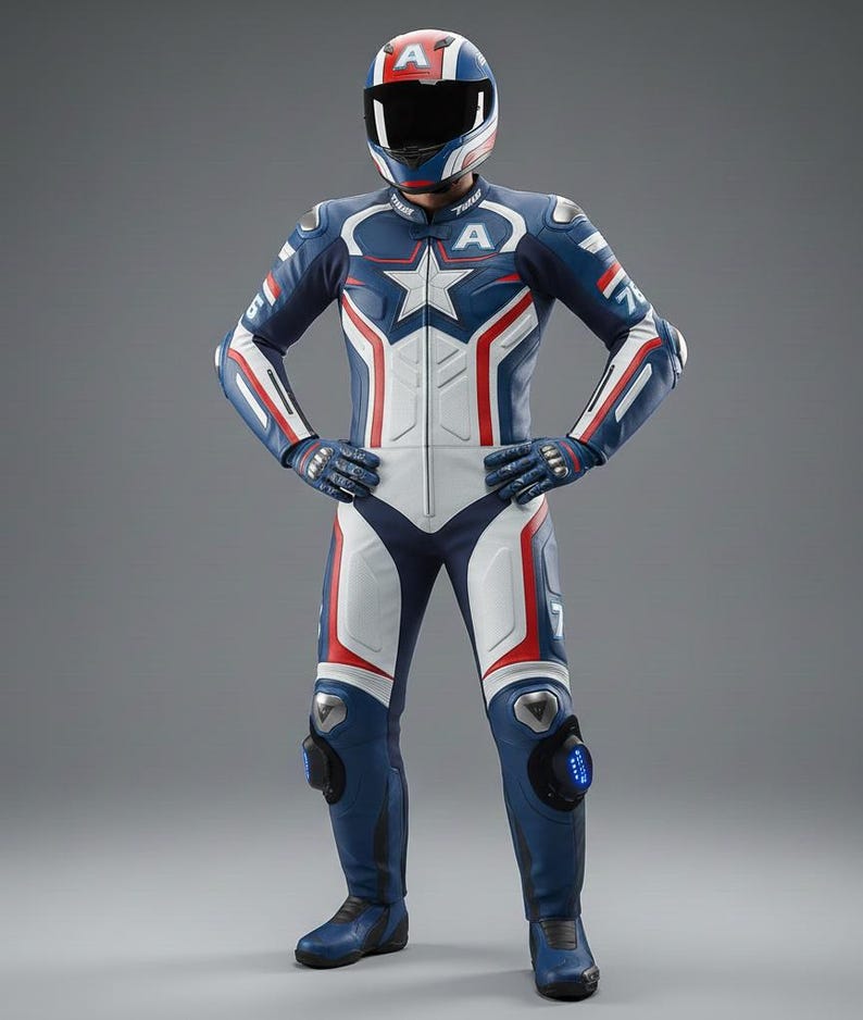 May include: A blue, white, and red motorcycle racing suit with a matching helmet. The suit features a star design on the chest and accents on the arms and legs. The helmet has a red and white stripe design.