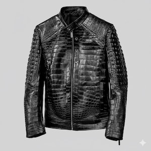 Puede incluir: Chaqueta de cuero negra con un patrón texturizado similar a la piel de cocodrilo. La chaqueta tiene cuello alto, cremallera frontal y botones. Las mangas tienen un diseño acolchado único. Una prenda de vestir exterior elegante.
