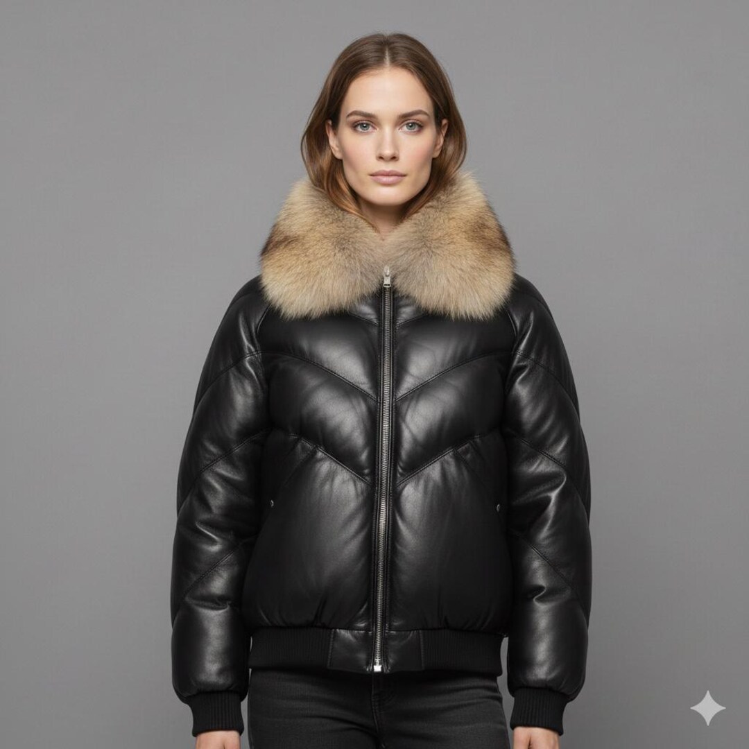 Puffer Pattern Leather Puffer Jacket | Fur Puffer Pattern Jackets for Women | Luxury ...